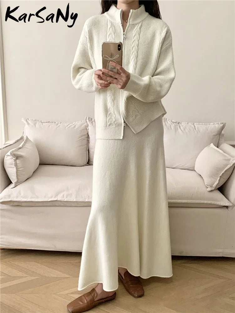 Maxy Sets For Women 2 Pieces Skirt Sweater Knitted Zipper Cardigan Stand Collar Solid Autumn Warm Winter Skirt Elegant Women's Sets