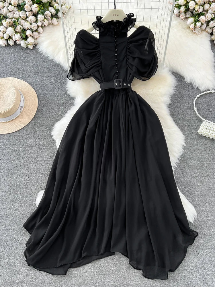 Amay Summer Women Red/Purple/Blue/Yellow Stand Collar Hollow Out Off Shoulder Chiffon Party Dress Vintage Short Sleeve Irregular Robe