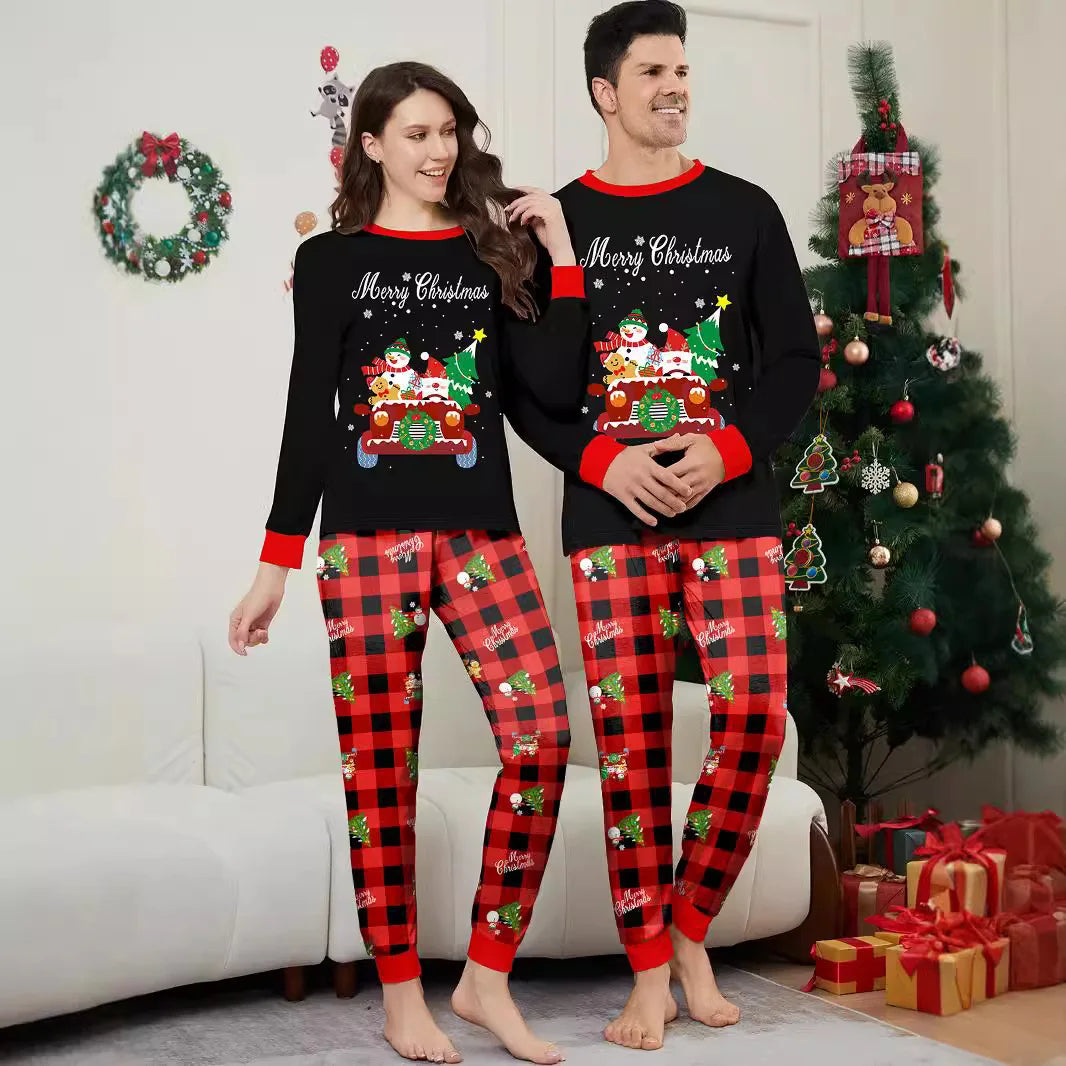 Christmas family suit New Year family suit Adult children family clothing Car snowman Christmas tree print home clothing pajamas