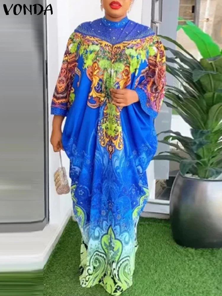 Maxy Women Dress Bohemian Printing Sundress Elegant Robe Vintage 3/4 Sleeve Stand Collar Holiday Oversized