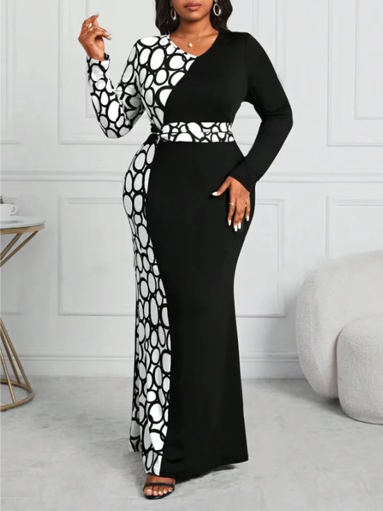 Maxy  Plus Size Autumn V-neck Long Sleeve Mermaid Hem Bodycon Dress Women Black Contrast Print Elegant Maxy Dresses New