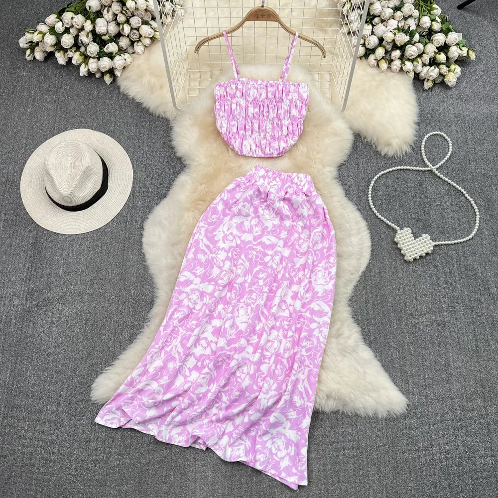 Maxy Summer Floral Print Two Pieces Set Women Fashion Elegant Casual Fold Sleeveless Tops And Long Skirt Sexy Slim 2 Piece Sets