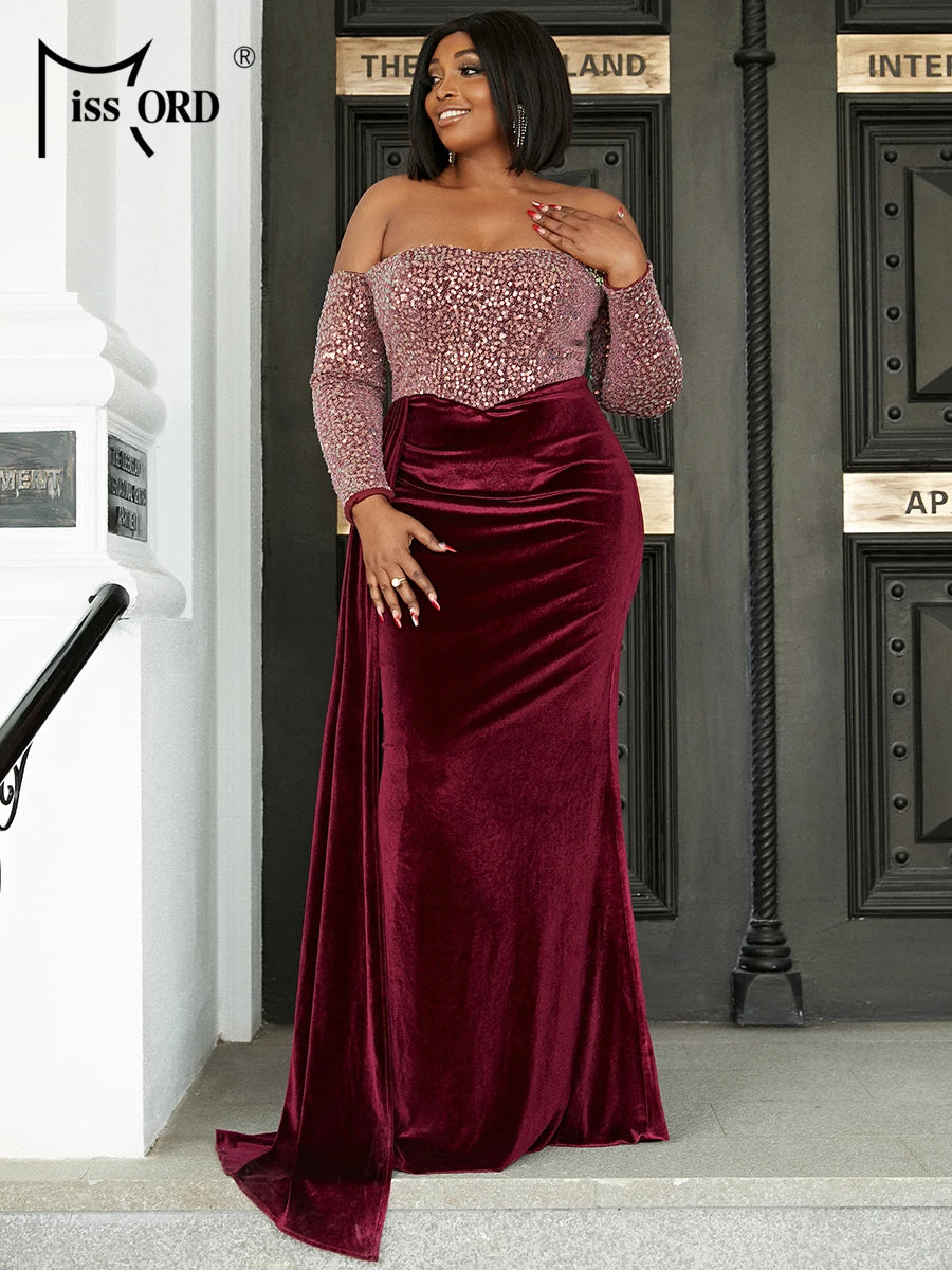 Maxy Wine Sequin Velvet Plus Size Party Dress Women Off Shoulder Long Sleeve Draped Bodycon Mermaid Evening Dresses Prom Gown