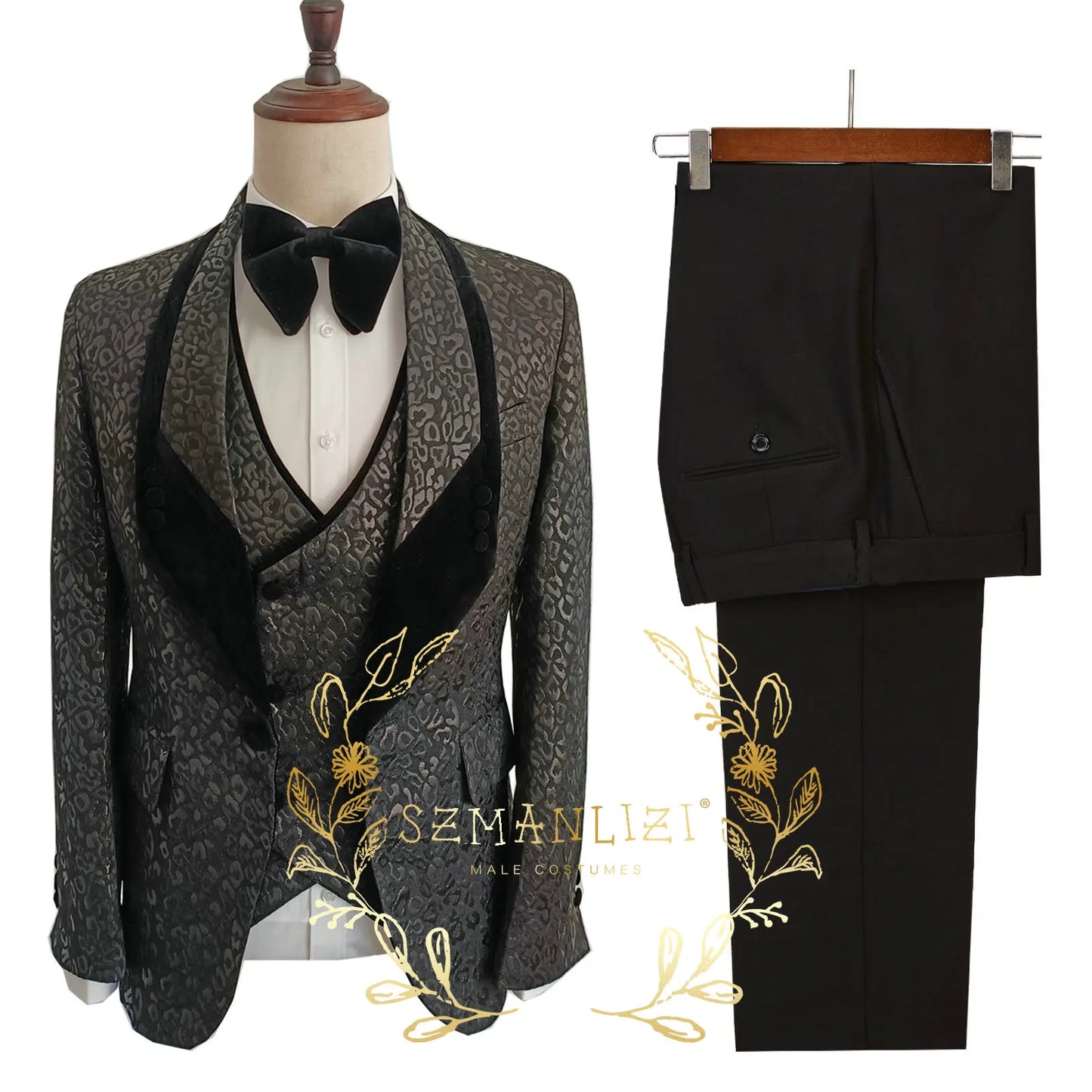 Visco Handsome Blue Gold Floral Rim Stage Men Suit Set Stand Collar Men's Suits (Jacket+pants+vest)