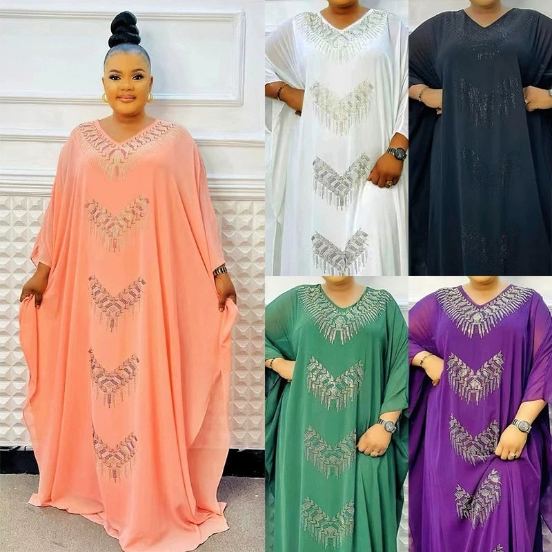 Maxy Ramadan Moroccan Muslim Luxury Fashion Robe Women's Wear African Large Fat Mask Robe Hot Diamond Two Piece Dress Set