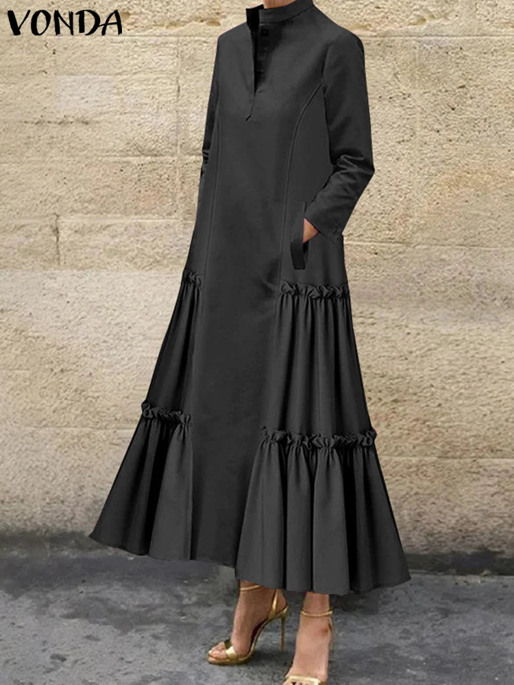 Maxy Plus Size VONDA Women Ruffled Maxi Long Dress Casual Solid Color A-Line Shirt Dress Stand Collar Long Sleeve Party Vestido