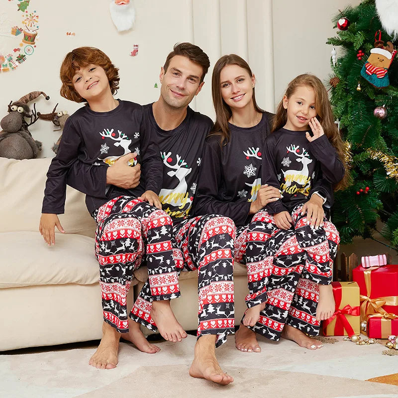 Christmas Family Matching Outfits Cartoon Elk Print Set Parent-child 2 Pieces Suit Casual Pajamas Baby Romper Xmas Look Pyjamas