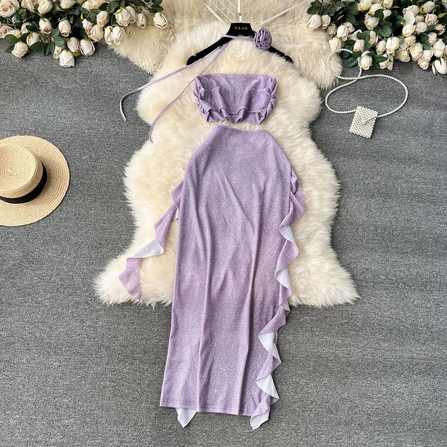 Maxy Sexy Shinny Beach Style Women Two Pieces Set Hot Strapless Crop Top and High Elastic Waist Ruffles Tassels Irregular Skirt Suits