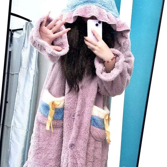 Ruffles Robe Women Sleepwear Hooded Nightdress Winter Fleece Pajama Night Wears Warm One Piece Nightgown Button Homewear 2024