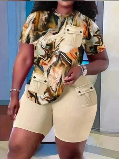 Maxy Two Piece Sets Women Short Pant Set Print Round Neck Casual Tops Sheath High Waist Shorts Pants Casual Slim Fit Summer