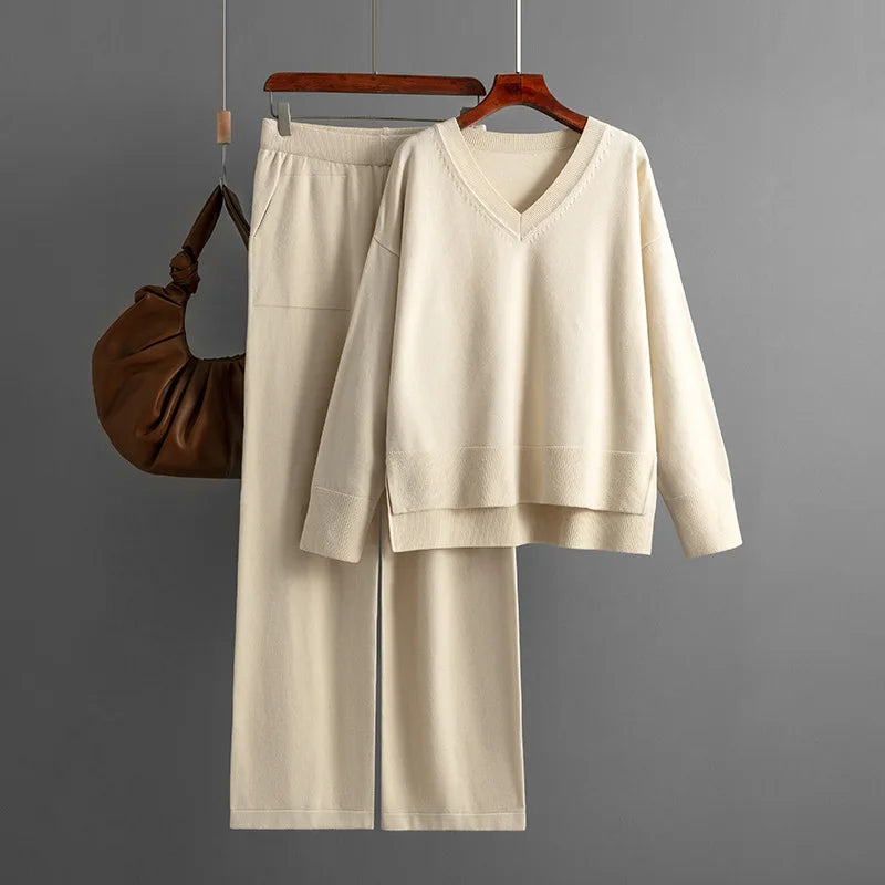 Macy Knit Sweater 2 Pieces Sets Women Loose V-neck American Tops Conjuntos Waist Ankle Length Wide Leg Pants Tracksuit E1136