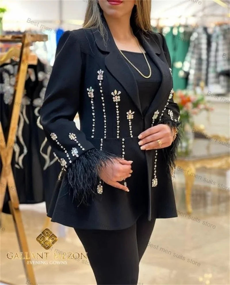 Maxy Black Feather Women Suit Pants Set Blazer+Trousers 2 Piece Wedding Tuxedo Luxury Crystal Jacket Tailored Office Lady Coat