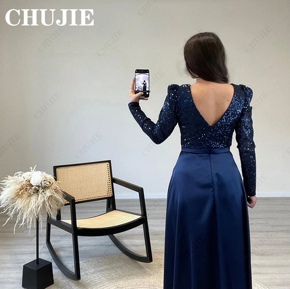 Maxy Customized Pleated Prom Dress Elegant Long Sleeve V-neck Glitter Navy Women Evening Dress A-line Formal Prom Party Gown Vestdos