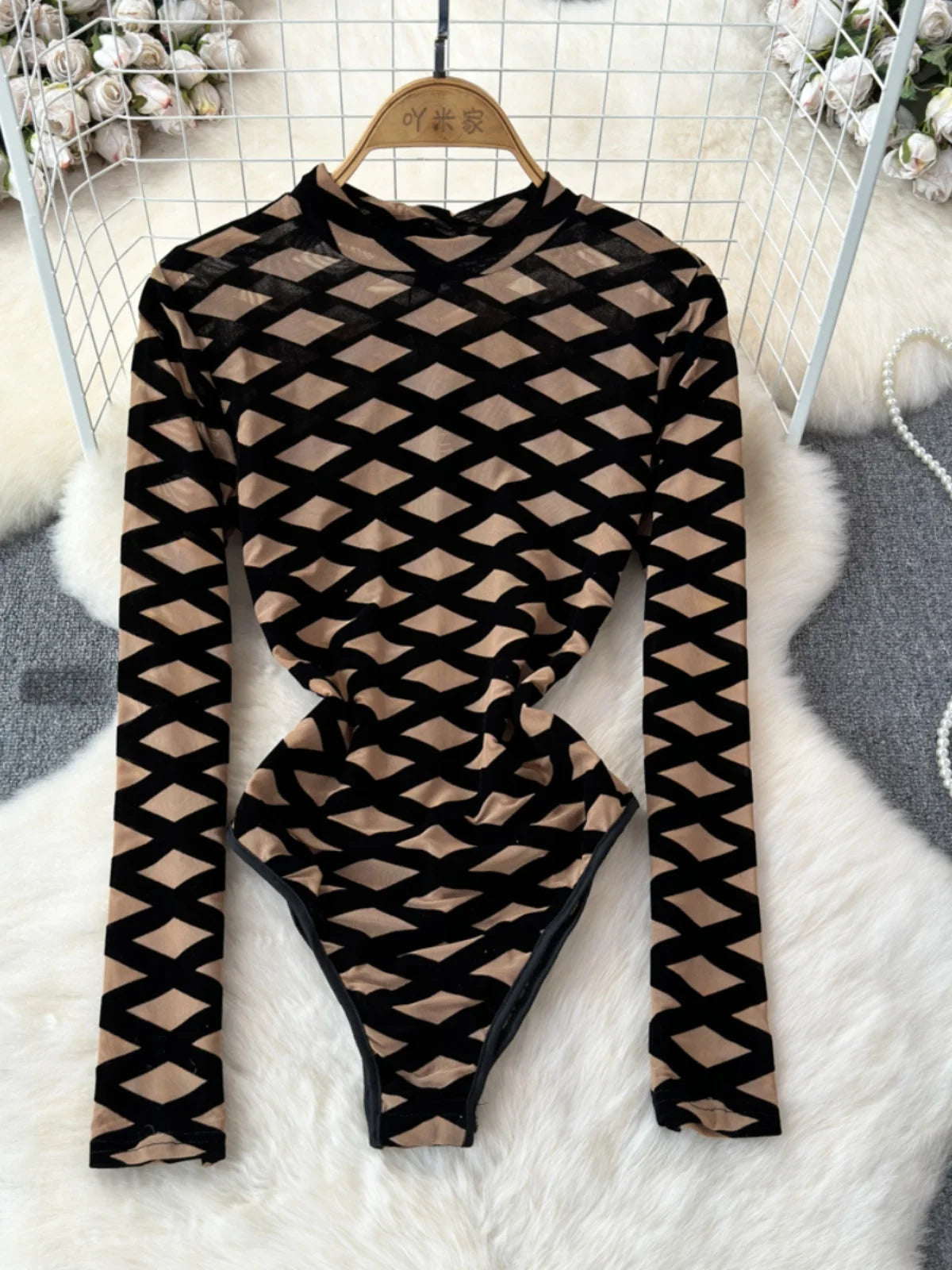 Maxy Foramina Bodysuits Women Fashion Hollow Out Mesh Long Sleeve Stand Collar Plaid Pattern Slim Waist Bodycon Night Club Body Tops