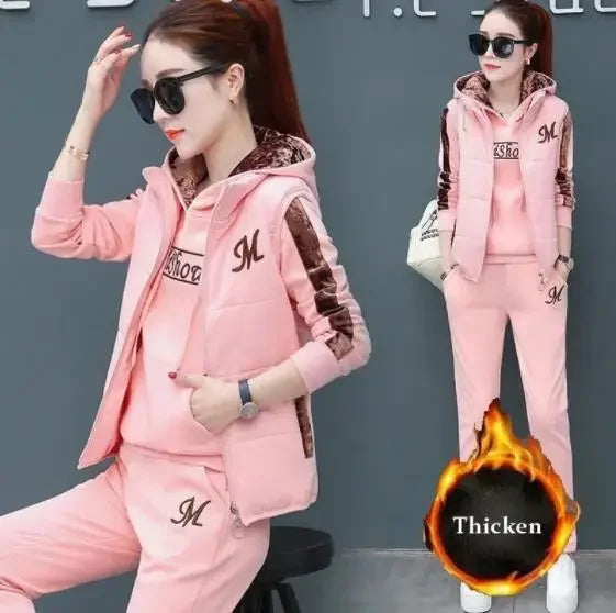 Women 3 Piece Set  Suit Tracksuit Winter Hoodies+Vest+Pants Track Suit Plus Velvet Warm Sporting Suits Female Clothes