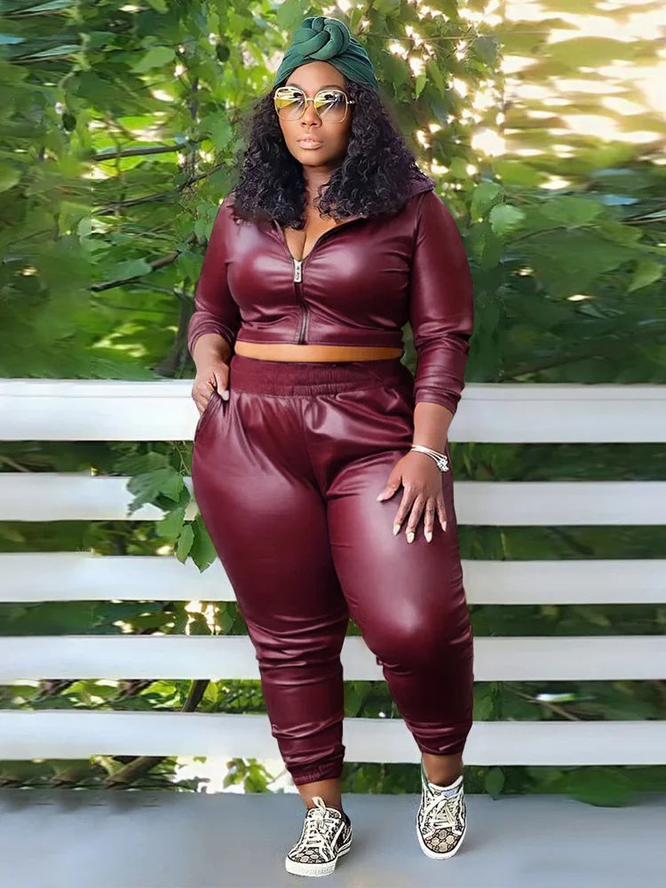 Wmstar Plus Size PU Two Piece Outfits Women Fall Clothing Hoodies Coat Pants Sets Legging Matching Set Wholesale Dropshipping