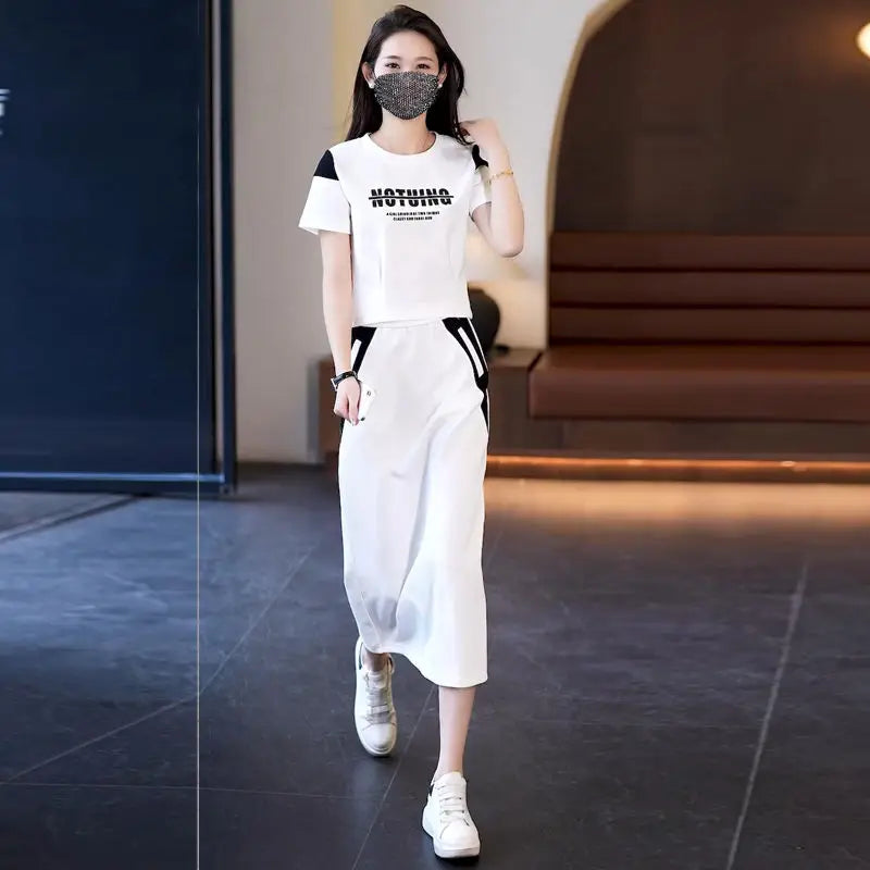 Maxy Skirt Short Sleeve 2 Pieces Sets for Women Kawaii Commuting Woman Outfit Gray Lightly Cooked Printing Midi Cotton Top and Bottom