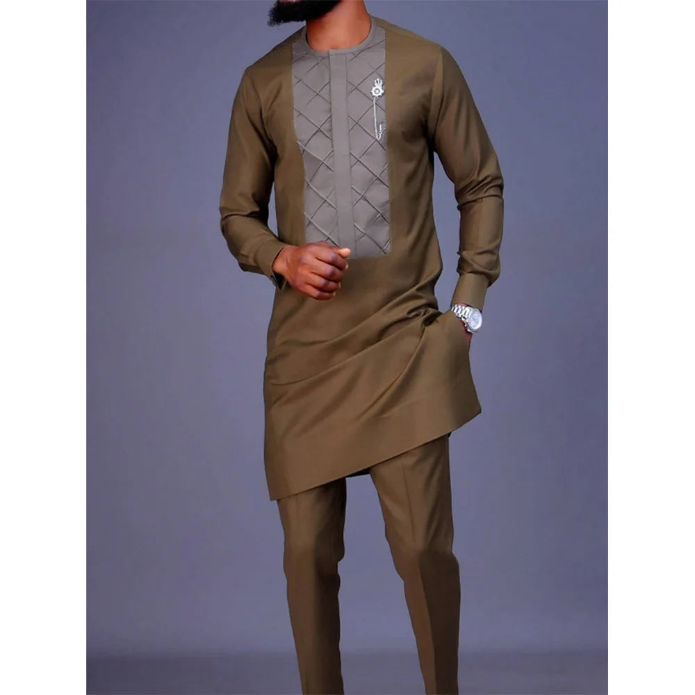 Maxy New African Traditional Men's Set Round Neck Long Sleeve Yellow Luxury Two Piece Dashiki Wedding Party Festival Men's Suit