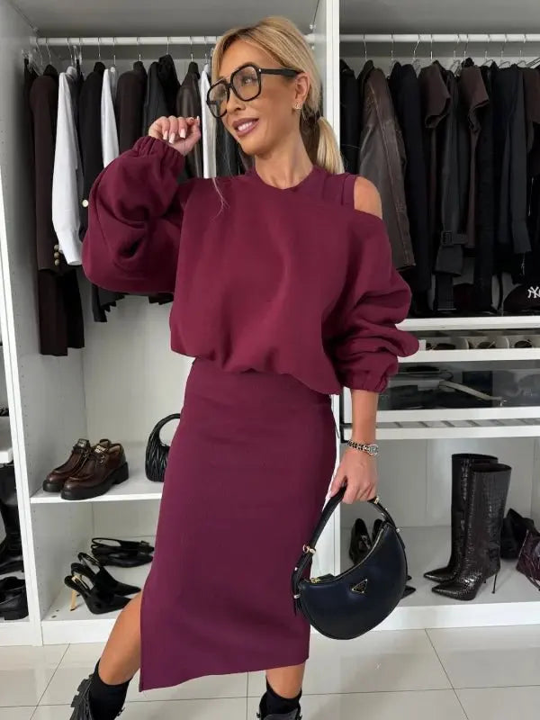 Maxy New Dress With Sweatshirt Two Piece Sets Women Fashion Solid Lantern Sleeve Pullover Top Outfits Autumn Winter Tank Dresses Suit