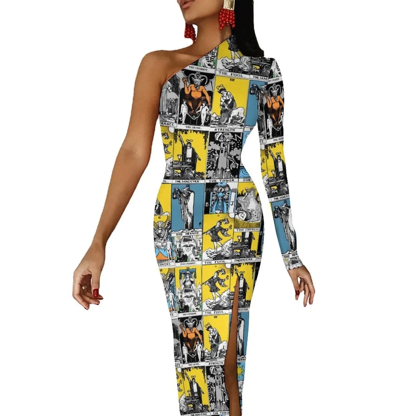 Maxy Gold And Black Tarot Bodycon Dress Women's Major Arcana Night Club Maxy Dress Long Sleeve Party Custom Dresses Birthday Present