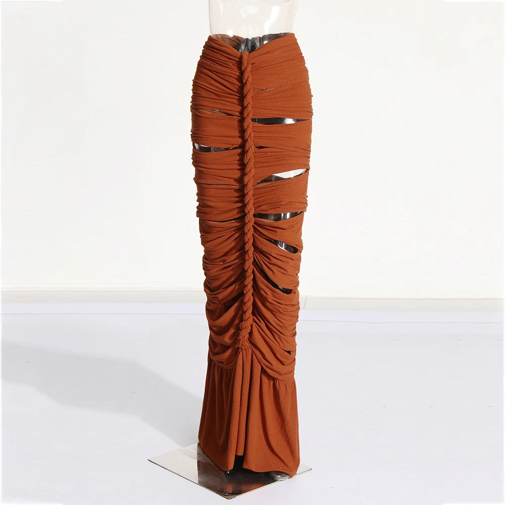 Maxy Sexy Folds Two Piece Sets for Women Diagonal Collar Sleeveless Tops High Waist Bodycon Skirts Slimming Set Female Fashion New
