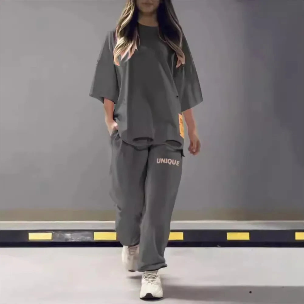 Maxy Summer New Fashion Hollowed Out O Neck T Shirt Women's 2 Piece Set Solid Color Casual Relaxed Tracksuit Pants Pocket Female Suit