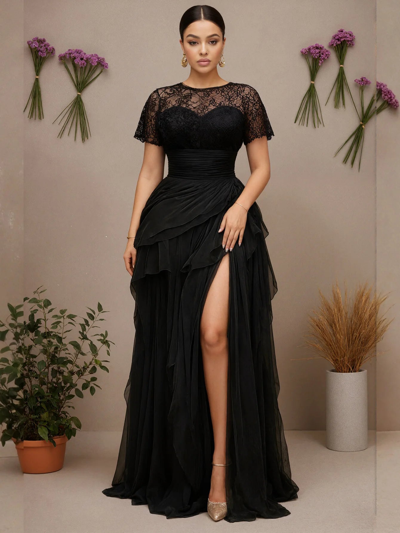 Women's Black Lace Tulle Prom Dress Long Sleeve High Neck Slit Formal Evening Gown Elegant Plus Size Party Maxi Dress