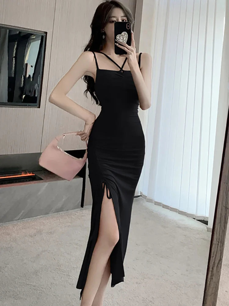 Maxy Women Fashion Chic Sling Sexy Dress Summer Korean Luxury Eveing Dress New Rose Red Elegant Bodycon Bandage Slit Long Dress
