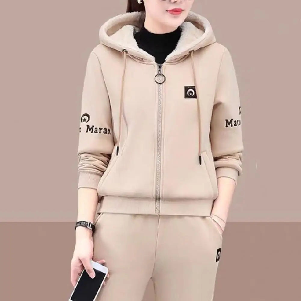 Winter Thickened Lambswool Tracksuit Women Hooded Zip Up Sweatshirt Plus Velvet Pant Suit Casual Two Piece Set chandals mujer