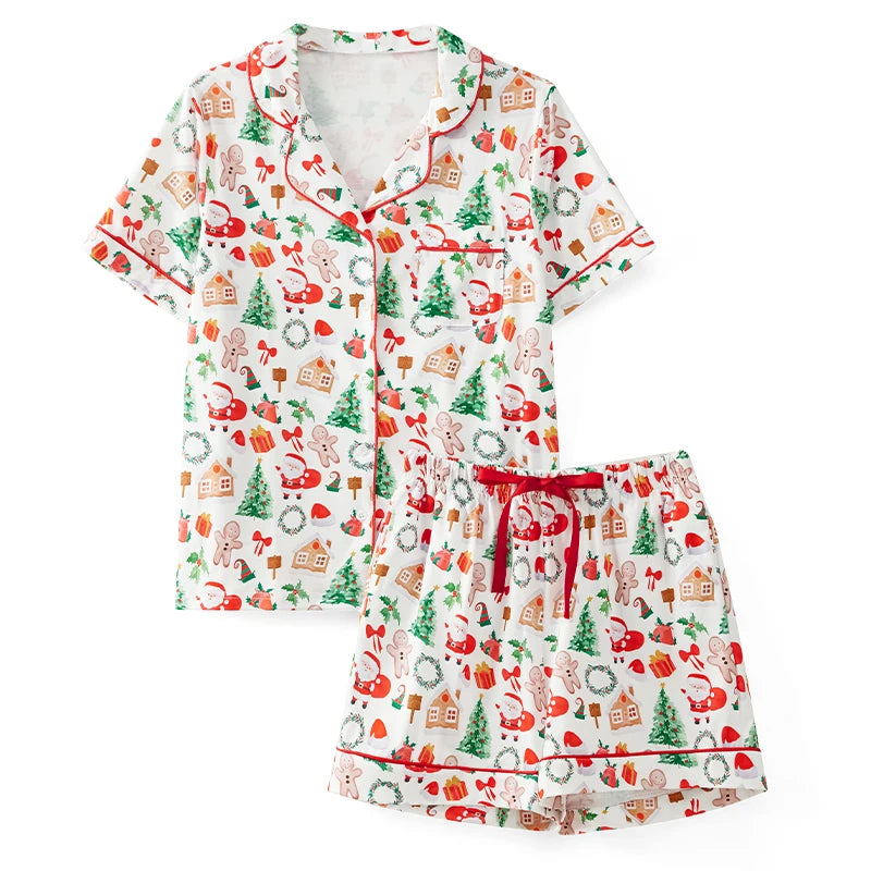 Family Matching Christmas Pajama Set Gingerbread Print Short Sleeve Tops Elastic Waist Shorts