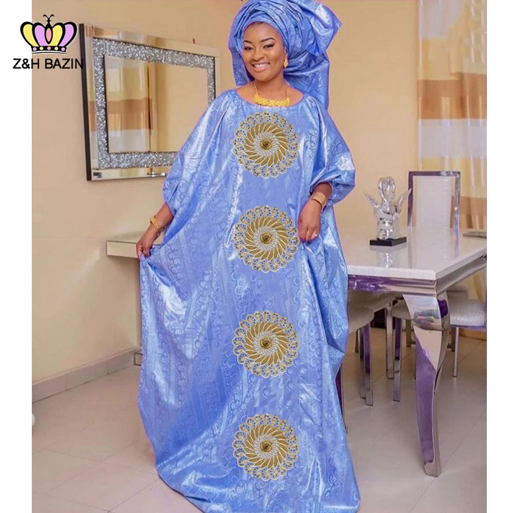 Maxy Newest African Dresses For Women Turkey Designer Bazin Riche Long Dresses Dashiki Robe Wedding Gowns Green Basin Clothing
