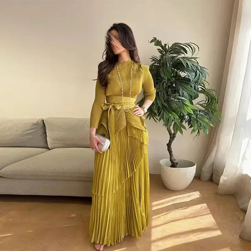 Amay Pleated Irregular Lantern 2 Piece Set Skirt + Long Swing Dress Set Autumn Solid Long Sleeved Lace Up Design Two Piece Set