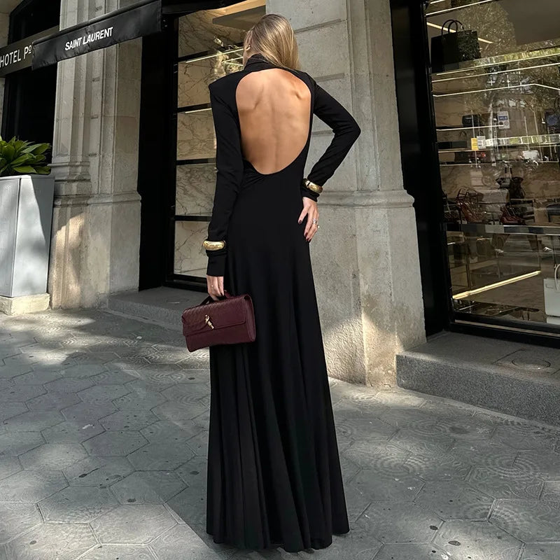 Maxy Autumn Elegant High Collar Evening Dresses Women Black Long Sleeves Backless Dress Fashion Bodycon Banquet Dress