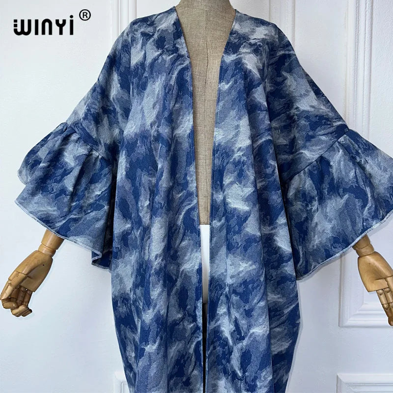 Maxy Tie-dyed Jacquard wash denim Cardigan maxy Dress elegant Party Holiday Swimming beach Cover Up fashion dress