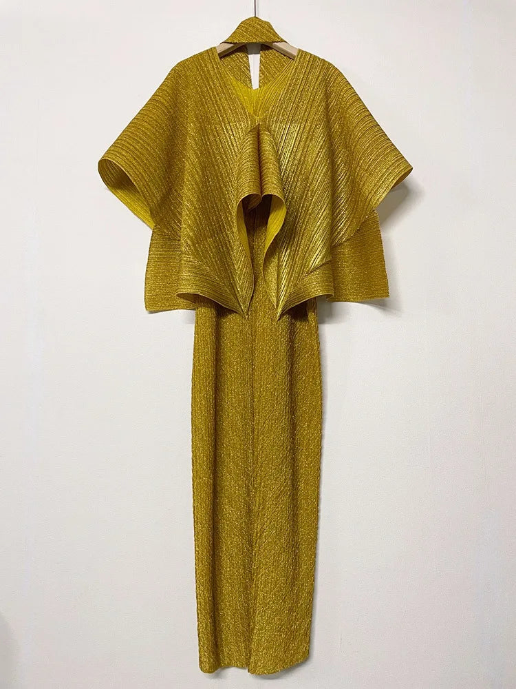 Amay Women's yellow Maxy lace-up cloak + sleeveless dress Pleated Fashion plus-size elegant evening dresses