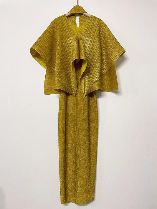 Amay Women's yellow Maxy lace-up cloak + sleeveless dress Pleated Fashion plus-size elegant evening dresses
