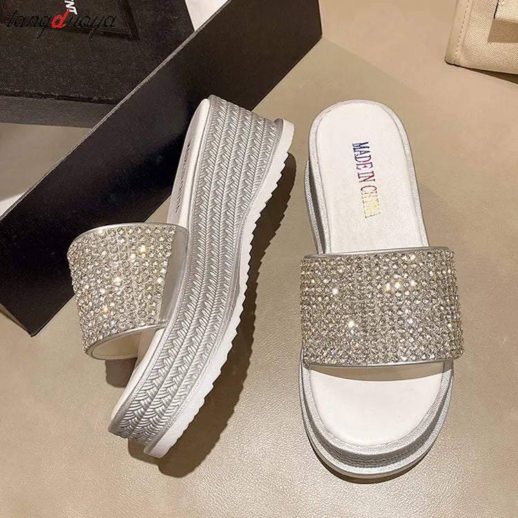 Babs rhinestone slippers Sequined High-heeled One-word Slippers Women Summer Outer Wear Platform Beach Comfort Sandals slippers women