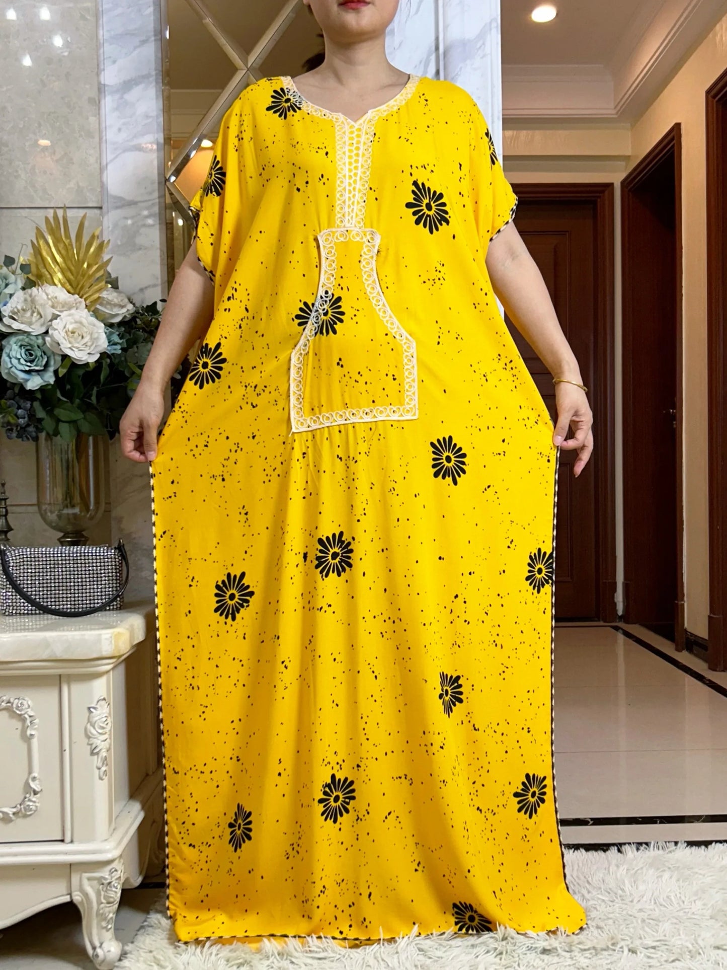 Macy Latest Autumn African Lady Dress with Big Scarf   Cotton Printed Loose Floral Boubou Pocket Maxi Islam Women Short Sleeve