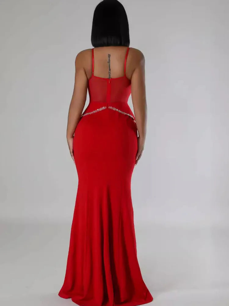 Babs perfect Red Rhinestones Long One-Piece Dress Gown Elegant Sleeveless Crystal Night Out Party Dress Celebrities Outfits