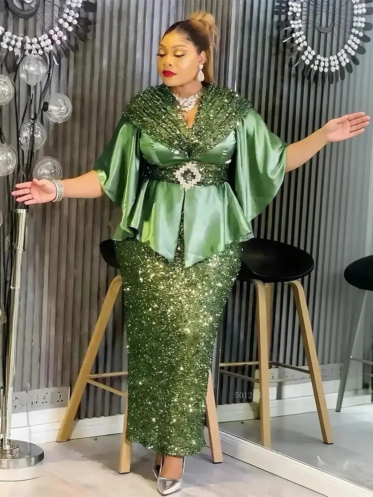Maxy Elegant African Party Dress for Women plus Size Dashiki Sequin Bodycon Long Gown with Slit Turkish Muslim Wedding Evening Wear