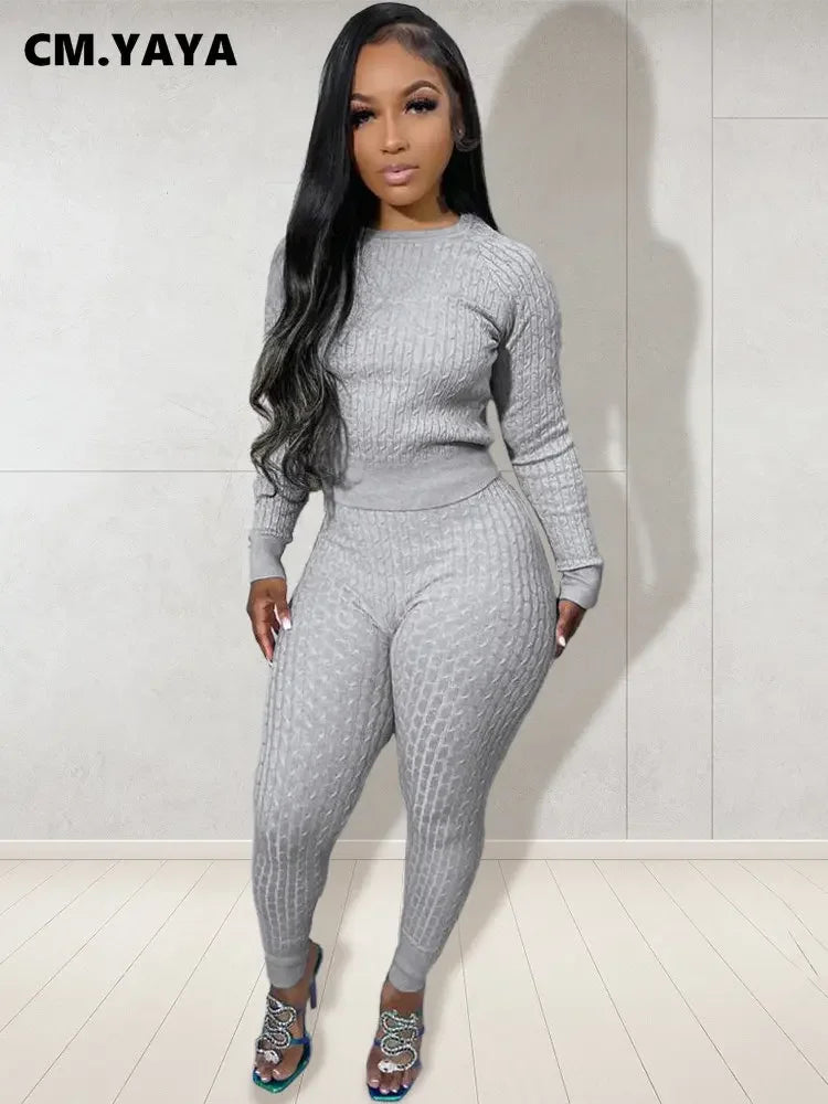 Maxy Women Fashion Weave Two 2 Piece Set Outfits Street Autumn Winter Sweater and Knit Pants Suit Active Tracksuit