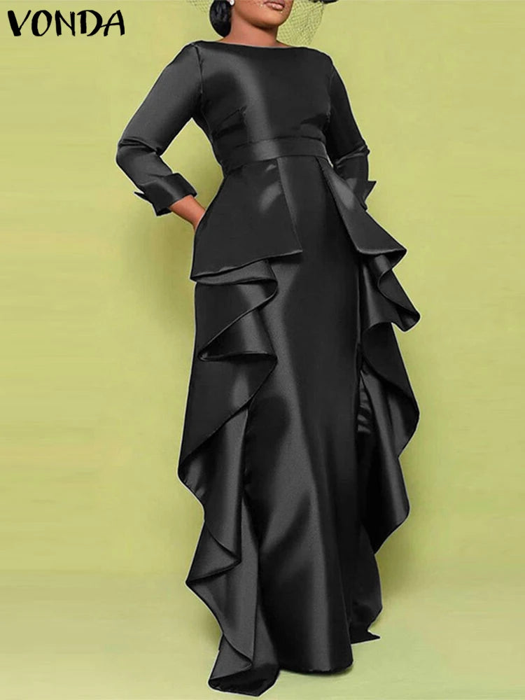 Maxy Plus Size 5XL Bohemian Long Dress Women Elegant Satin Dress Ruffle Sundress Casual Solid Color Robe