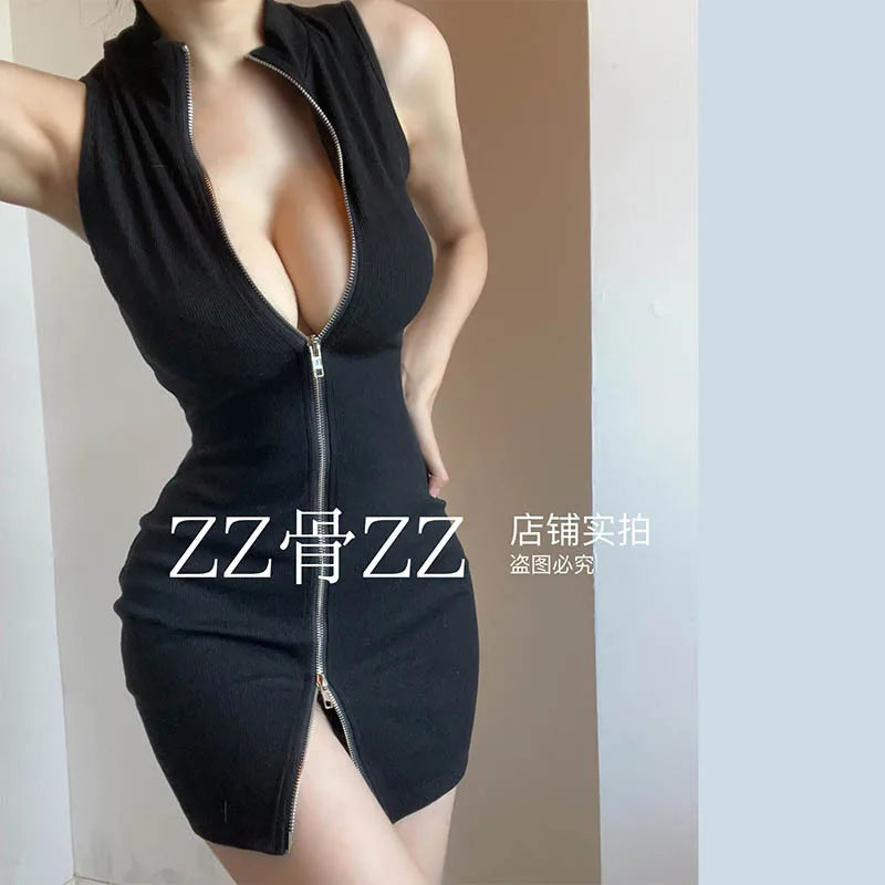 Maxy New Street Sweet Cool Style Stand Collar Zipper Solid Color Casual Tank Top Dress Elegant Fashion Nightclub Korea Tops IL2K