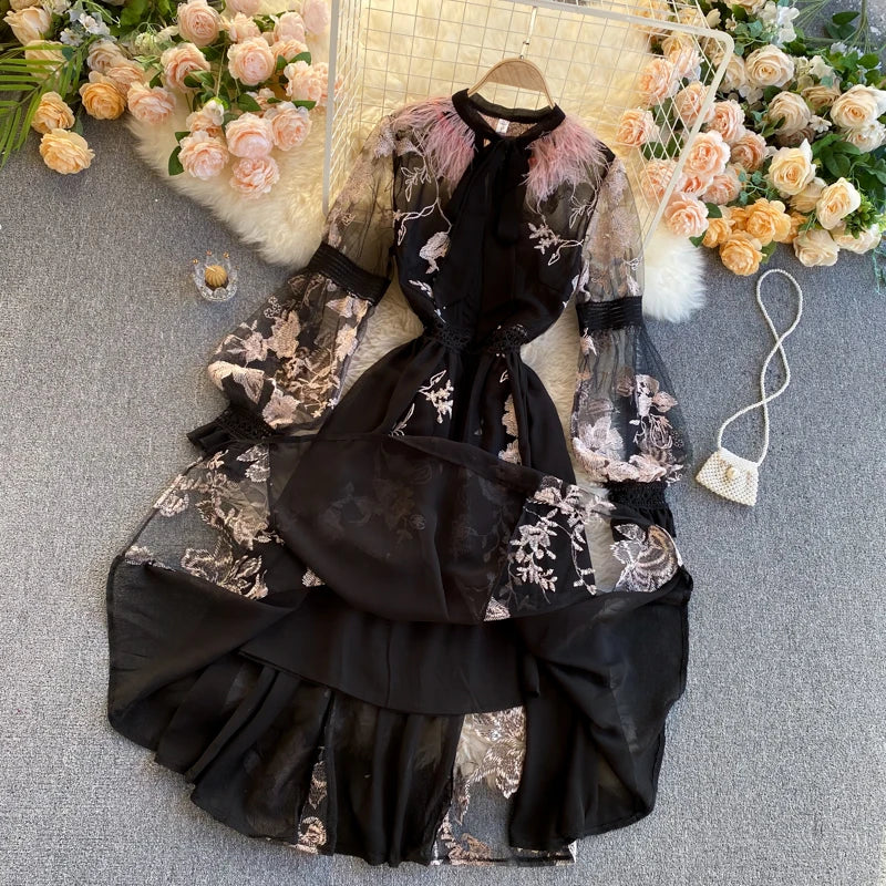 Maxy Spring Autumn Zipper Embroidery French Retro Style Lapel Waistband Slim A Line Mesh Lace Dress Elegant Women Clothing