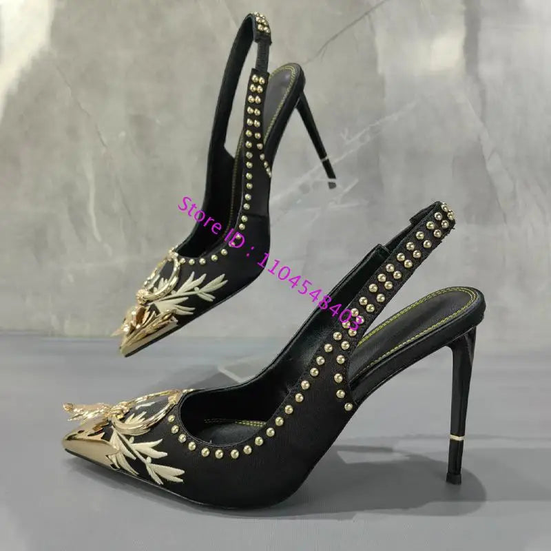 Maxy New Arrive Gold Metal Toe Women High Heel Suede Slingback Sandals Design Lady High Heel Gold Rivets Sandals Plus Size 42