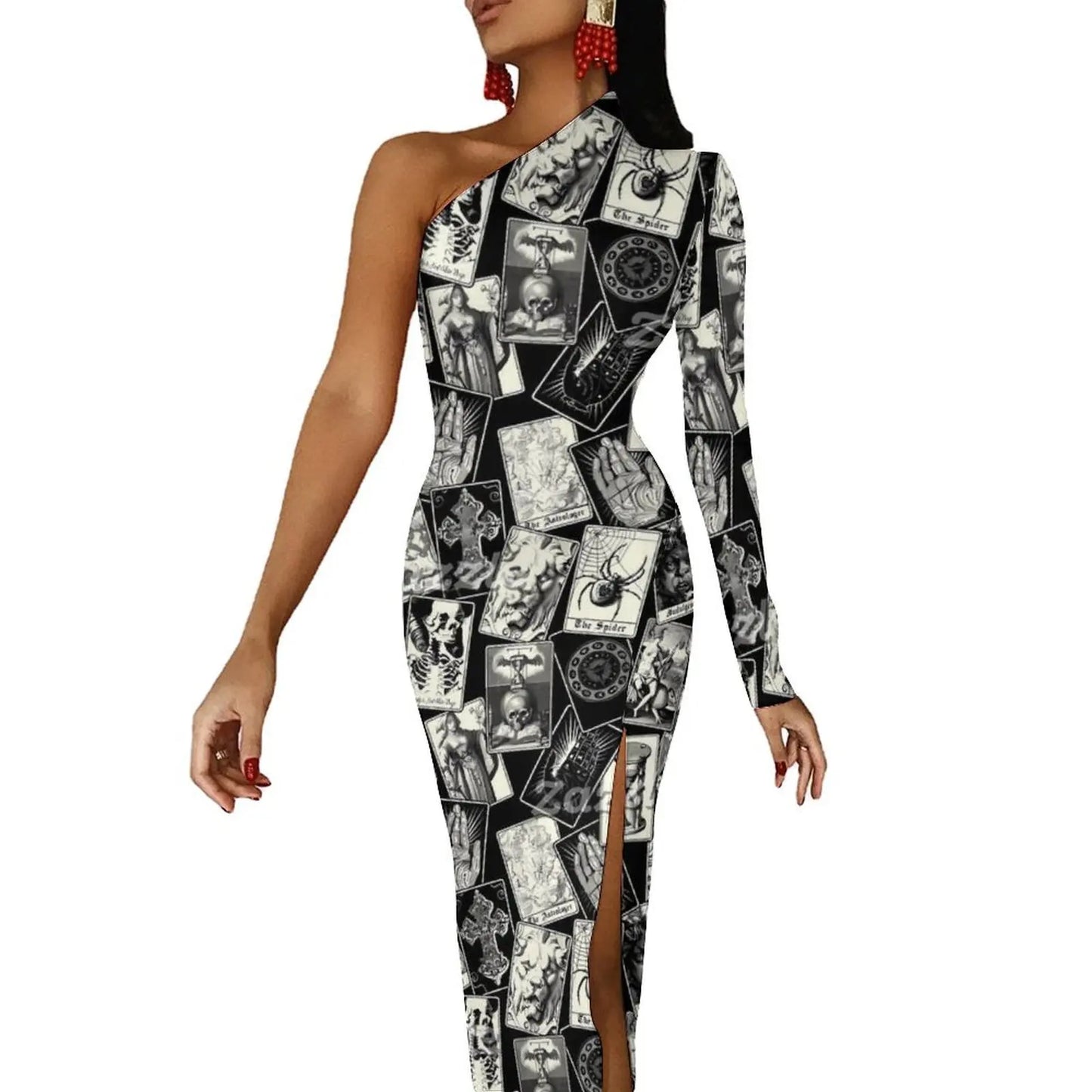 Maxy Gold And Black Tarot Bodycon Dress Women's Major Arcana Night Club Maxy Dress Long Sleeve Party Custom Dresses Birthday Present