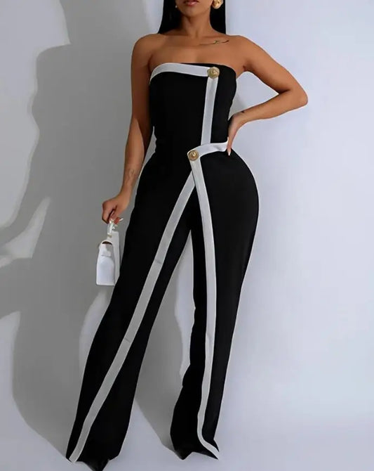 Amay Women's Romper Spring Colorblock Asymmetric Bandeau Sleeveless Slim Fit Button Jumpsuit Night Club Streetwear One Piece