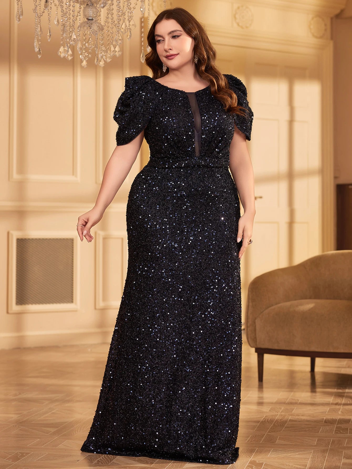 Maxy plus Size V-Neck Short Sleeve Glitter Evening Dress Skirt Sparkling Party Gown for Women
