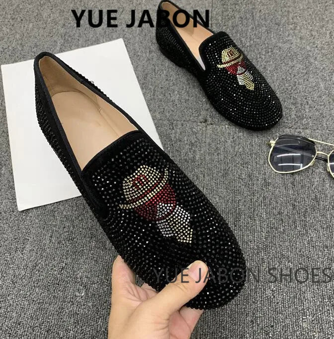 Visco New Fashion Men Rhinestone Shoes British Men's Flats Smoking Slippers Men Loafers Dress Shoes Black Casual Shoes Gladiator Mens