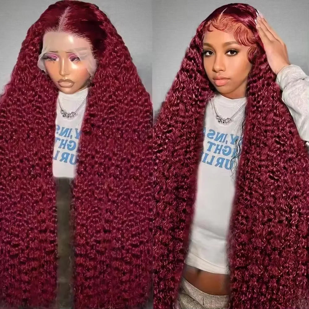 Maxy 46 Inch Deep Wave High Density 99j Burgundy 13x6 Lace Frontal Human Hair Curly Wig Red Colored 13x4 HD Lace Front Wig For Women